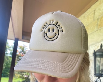 Beige Foam Trucker Hat | Embroidered Smiley Face