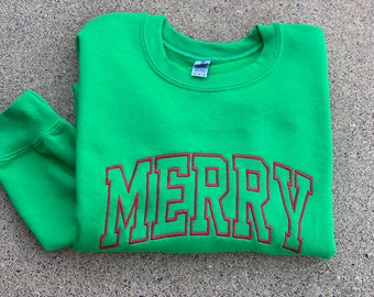 Embroidered Merry Christmas Sweatshirt | Green Gildan Fleece