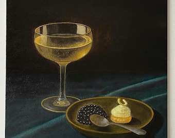 Champagne & Caviar Art Print - Vintage Gold Bar Cart Still Life