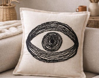 Handgemaakte linnen boze oog kussensloop, boho woondecoratie