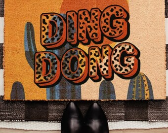 Ding Dong Doormat, Colorful Boho Mat, Creative Outdoor Decor , Funny Leopard Letter Doormat, Housewarming Gift