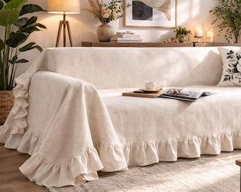 Boho Ruffled Cotton Linen Couch Cover - Natural Linen Sofa Cover & Bedspread, Slipcover with Farmhouse Charm
