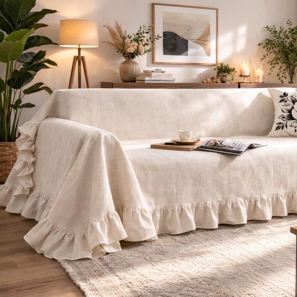 Boho Ruffled Cotton Linen Couch Cover - Natural Linen Sofa Cover & Bedspread, Slipcover with Farmhouse Charm