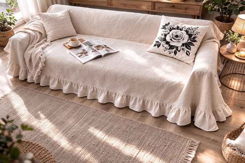 May include: A beige sofa covered with a ruffled slipcover and matching throw pillows. A decorative pillow with a black floral design rests on the sofa. A rug and a small side table with a lamp are in the background.