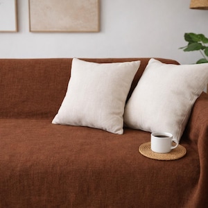May include: A brown sofa with two off-white square pillows. A white mug with coffee sits on a small, round, woven coaster. The sofa is covered with a brown throw blanket. A houseplant and artwork are in the background.