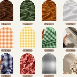 May include: A collection of fabric swatches in various colors and patterns. The top row features solid colors: brown, green, caramel, and white. The bottom row includes gingham patterns in orange, yellow, green, blue, red, and gray. The swatches are displayed in arched frames.
