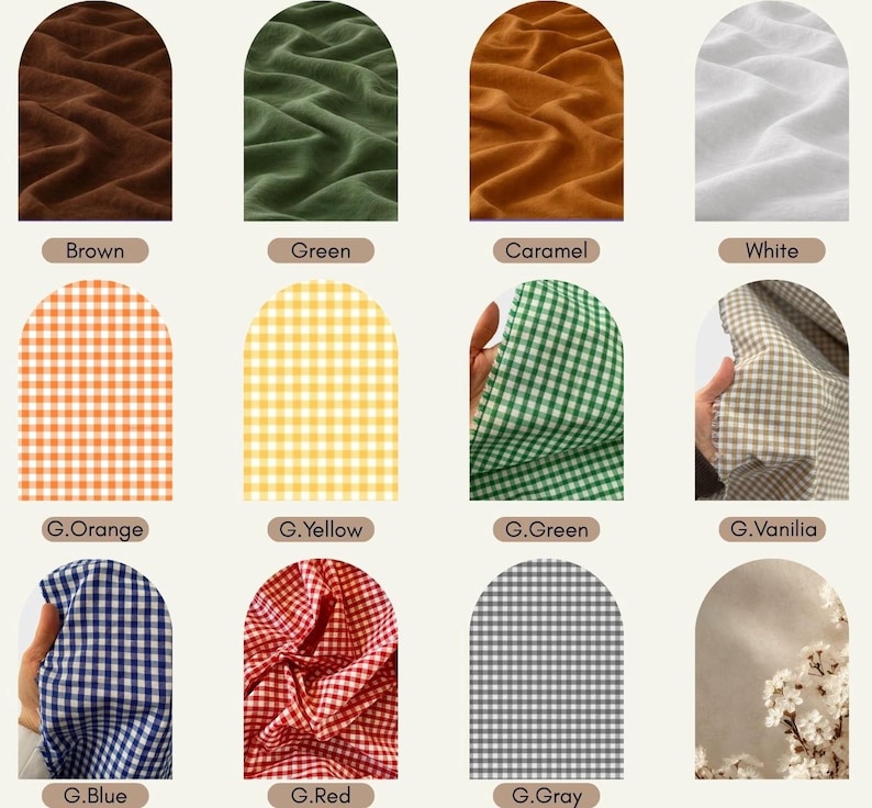 May include: A collection of fabric swatches in various colors and patterns. The top row features solid colors: brown, green, caramel, and white. The bottom row includes gingham patterns in orange, yellow, green, blue, red, and gray. The swatches are displayed in arched frames.