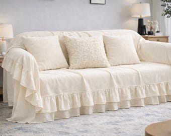 Boho Ruffled Cotton Linen Couch Cover - Natural Linen Sofa Cover & Bedspread, Slipcover with Farmhouse Charm
