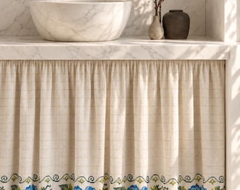 Custom Kitchen Curtains, Shelf Cabinet Skirt, Turkish Pattern Cotton Fabric, cafe drapery for kitchen, privacy tier valances bookshelf