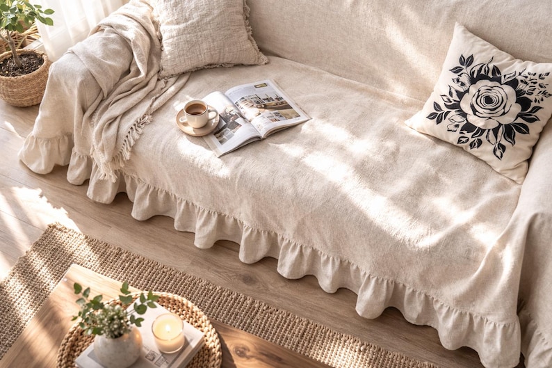 Beige sofa cover with a ruffled skirt