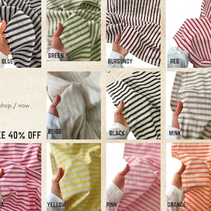 May include: A collection of striped fabric swatches in various colors, including navy blue, green, burgundy, red, beige, black, mink, fuchsia, yellow, pink, and orange. The text "WELCOME SPRING" is displayed vertically. The text "TAKE 40% OFF" is also visible.