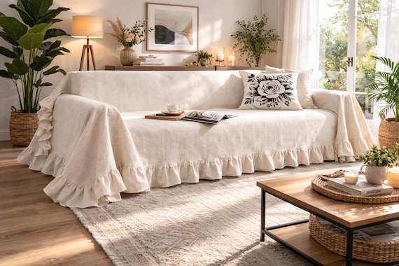 Boho Ruffled Cotton Linen Couch Cover - Natural Linen Sofa Cover & Bedspread, Slipcover with Farmhouse Charm