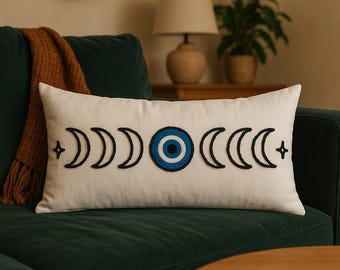 Handgemaakte linnen boze oog kussensloop: Boho Turkish Nazar-amulet