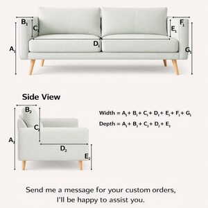 May include: Diagram illustrating how to measure a sofa, with front and side views. The text includes instructions for calculating width and depth using labeled measurements. The image also includes a call to action to message for custom orders.
