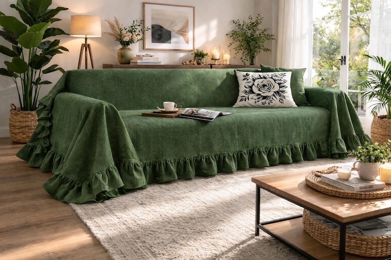 May include: A green sofa with a ruffled skirt is the focal point of a living room. A white pillow with a black rose design rests on the sofa. A wooden coffee table and plants complete the cozy scene.