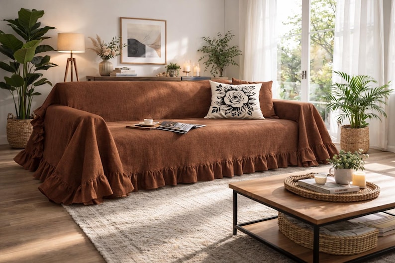 May include: A brown sofa with a ruffled cover and a decorative pillow featuring a black and white floral design. The sofa is in a well-lit living room with plants and a wooden coffee table.