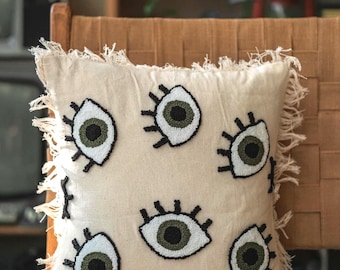 Boho geborduurde boze oog linnen kussensloop, beschermend decor