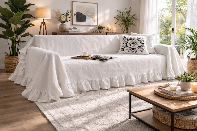 May include: A white linen sofa cover with a ruffled skirt. A black and white floral pillow rests on the sofa. The room is decorated with plants, a wooden coffee table, and a woven rug.