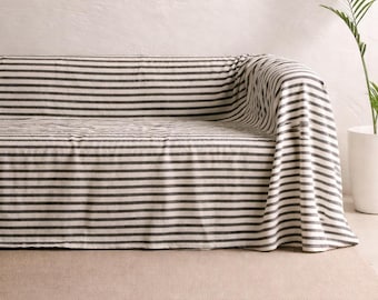Boho Striped Linen Couch Cover, %100 Organic Cotton Linen Sofa Cover, Bedspread Linen Coverlet, Neutral Home Decor