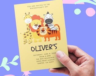 plantilla de invitacion de cumpleaños unisex tarjetas divertidas dibujo de animales Tarjeta de invitacion a fiesta de cumpleaños editable