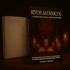 May include: A book titled "Ritos Satânicos" with the subtitle "A Verdade Por Tras Da Adoração De Liciper" by Ethan Graves. The cover features a pentagram, a goat skull, and lit candles. The open book shows text in Portuguese.