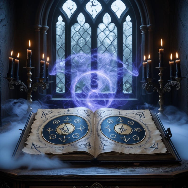 May include: An open, aged book with intricate symbols and a glowing blue aura. Lit candles in ornate holders flank the book, set against a gothic window. The scene evokes a mystical or fantasy theme.