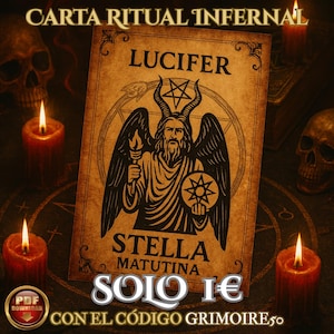 May include: A vintage-style card with the word "LUCIFER" and an illustration of a horned figure holding a torch. The card also features the text "STELLA MATUTINA" and is surrounded by lit candles and skulls.