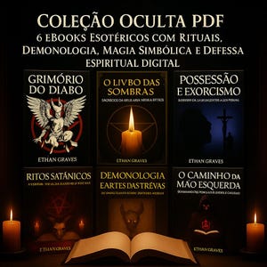 Könnte beinhalten: Sammlung von sechs okkulten PDF-E-Books mit portugiesischen Titeln. Die Cover zeigen Illustrationen von Dämonen, Kerzen und symbolischen Bildern. Zu den Titeln gehören "Grimório do Diabo" und "O Livro das Sombras". Der Name des Autors, Ethan Graves, ist auf jedem Buch angegeben.