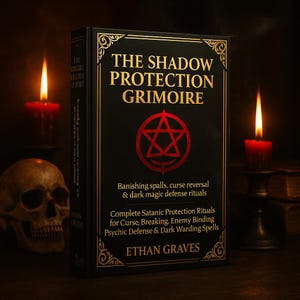 May include: A black grimoire titled "The Shadow Protection Grimoire" with gold ornate accents and red text. The book features a red pentagram symbol and text about banishing spells and dark magic rituals. A lit candle and skull are in the background.