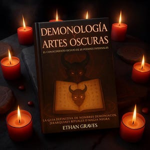 May include: A book titled "Demonology and Dark Arts" with illustrations of demons and an open book, surrounded by lit red candles. The book's cover features text in Spanish, with the author's name, Ethan Graves, at the bottom.