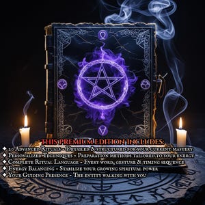 May include: A dark, leather-bound book with a glowing purple pentagram on the cover. The text "THIS PREMIUM EDITION INCLUDES" is visible, along with ritual details. Two lit candles and wisps of smoke frame the book, creating an occult theme.