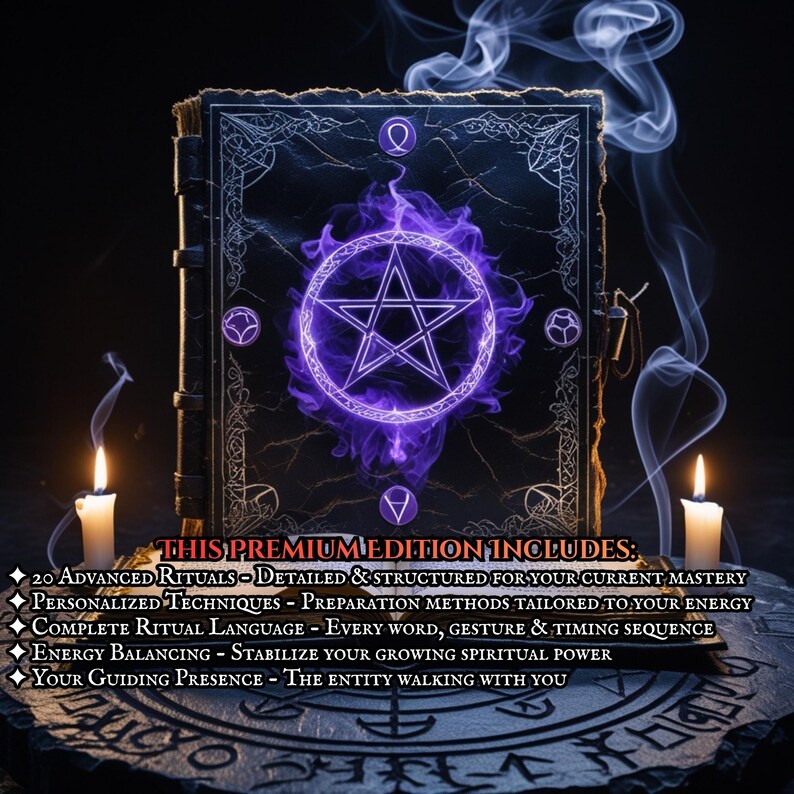 May include: A dark, leather-bound book with a glowing purple pentagram on the cover. The text "THIS PREMIUM EDITION INCLUDES" is visible, along with ritual details. Two lit candles and wisps of smoke frame the book, creating an occult theme.