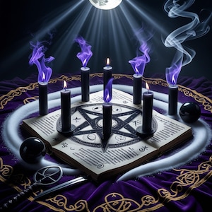 May include: A mystical scene featuring a pentagram-marked book surrounded by seven black candles with purple flames. The scene is set on a purple velvet cloth with gold trim, and includes a crystal ball and a ritual dagger.