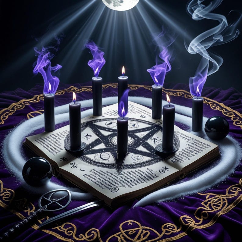 May include: A mystical scene featuring a pentagram-marked book surrounded by seven black candles with purple flames. The scene is set on a purple velvet cloth with gold trim, and includes a crystal ball and a ritual dagger.
