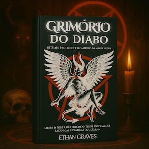 Könnte beinhalten: Ein schwarzes Hardcover-Buch mit dem Titel "GRIMÓRIO DO DIABO". Das Cover zeigt eine Illustration eines geflügelten Dämons in einem roten Pentagramm. Der Text "RITUAIS PROIBIDOS E O CAMINHO DA MAGIA NEGRA" ist ebenfalls sichtbar. Der Autor ist Ethan Graves.