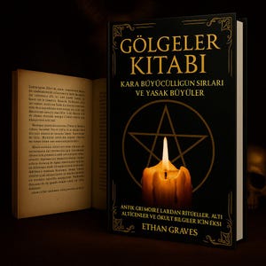 May include: A hardcover book titled "GÖLGELER KITABI" with gold lettering and a black cover. The cover features a pentagram, a lit candle, and text in Turkish. The book is open to reveal pages of text. The author's name, Ethan Graves, is also visible.