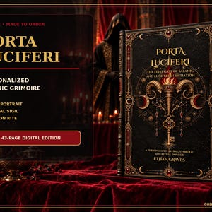 Może przedstawiać: Czarna książka zatytułowana PORTA LUCIFERI ze złotymi i czerwonymi zdobieniami na okładce, przedstawiająca centralną grafikę pochodni i rogów barana. Tekst brzmi THE FIRST GATE OF SATANIC AND LUCIFERIAN INITIATION oraz A PERSONALIZED ASTRAL, SYMBOLIC AND RITUAL DOSSIER autorstwa ETHANA GRAVESA. Wydanie cyfrowe liczy 43 strony.