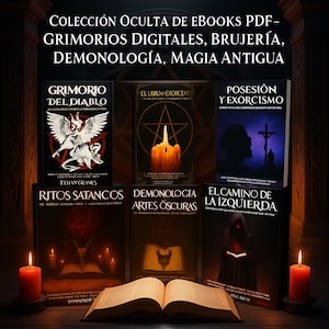 Könnte beinhalten: Eine Sammlung okkulter E-Books, darunter digitale Grimoires, Dämonologie und alte Magie. Das Bild zeigt Buchcover mit Titeln wie "Grimorio del Diablo" und "El Libro Exorcismo", mit Kerzen und einem offenen Buch.
