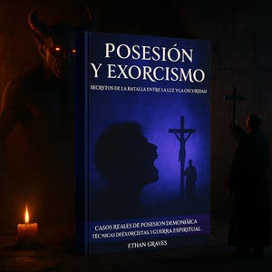 May include: A book titled "POSESIÓN Y EXORCISMO" with the subtitle "SECRETOS DE LA BATALLA ENTRE LA LUZ Y LA OSCURIDAD" is displayed. The cover features a silhouette of a person screaming, a cross, and the author's name, Ethan Graves. A demonic figure and a candle are in the background.