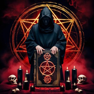 May include: A person in a black hooded robe holds a large, ornate book with a pentagram design. The scene is set against a backdrop of a golden star and red smoke, with black candles and skulls on a red surface.