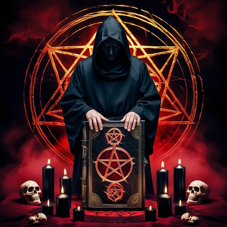May include: A person in a black hooded robe holds a large, ornate book with a pentagram design. The scene is set against a backdrop of a golden star and red smoke, with black candles and skulls on a red surface.