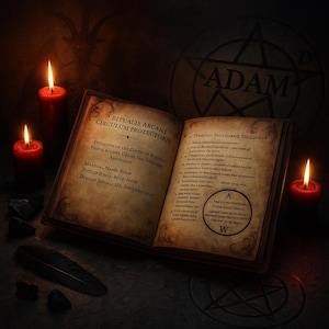 May include: An open, aged book with the text "BITUALIS ARCANI CIRCULUM PROTECTORIS" and "ADAM" in the background. Lit candles and a feather are on the dark surface. The book's pages contain handwritten text.