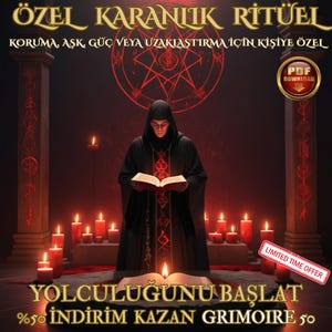 May include: An image of a person in a black robe reading a book, surrounded by lit candles. The text reads "ÖZEL KARANLIK RİTÜEL" and "YOLCULUĞUNU BAŞLAT". A "PDF DOWNLOAD" button and a "LIMITED TIME OFFER" banner are also visible.