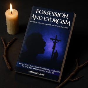 May include: A book titled "Possession and Exorcism" with a dark blue cover featuring a silhouette of a person and a cross. The book is next to a lit candle and a twig on a black surface. The book's subtitle reads "Secrets of the Battle Between Light and Darkness."