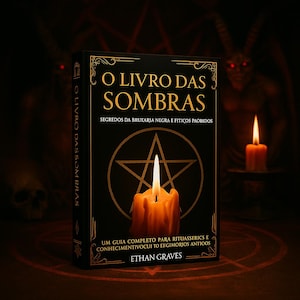 Könnte beinhalten: Ein schwarzes Hardcover-Buch mit goldener Schrift, betitelt "O Livro Das Sombras", mit einem Pentagramm-Design. Eine brennende Kerze befindet sich vor dem Buch. Der Titel des Buches ist auf Portugiesisch. Der Autor ist Ethan Graves.