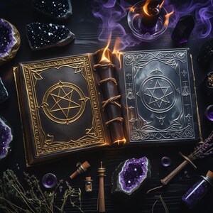 May include: An open, antique book with gold and silver embossed covers, featuring pentagram and star symbols. Flames emanate from the spine. Amethyst crystals, candles, and potion bottles surround the book, creating a mystical theme.