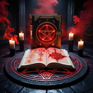 May include: An open book with red ink illustrations sits on a stone table, surrounded by candles and a large, closed book with a glowing pentagram. The scene is dark with red accents, suggesting a mystical or occult theme.