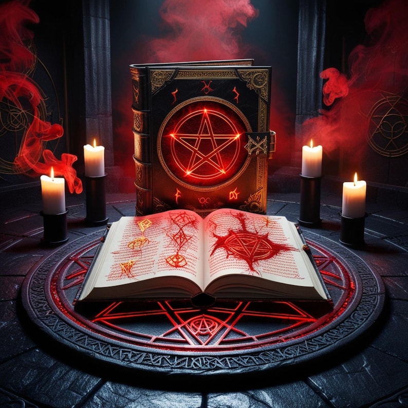May include: An open book with red ink illustrations sits on a stone table, surrounded by candles and a large, closed book with a glowing pentagram. The scene is dark with red accents, suggesting a mystical or occult theme.