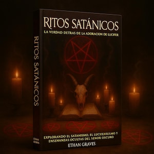 Könnte beinhalten: Ein Buch mit dem Titel "Ritos Satánicos" mit einem dunklen Cover, das ein Pentagramm, einen Ziegenschädel und brennende Kerzen zeigt. Das Buch erforscht Satanismus, Luziferianismus und okkulte Lehren. Der Autor ist Ethan Graves.