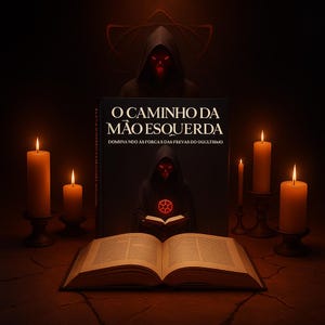 May include: An open book with the title "O Caminho da Mão Esquerda" is centered in a dimly lit scene. Lit candles surround the book, and a hooded figure with glowing red eyes is depicted on the book cover and in the background.